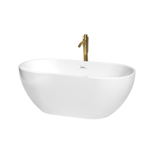 Brooklyn 60 Inch Freestanding Bathtub in White with Shiny White Trim and Floor Mounted Faucet in Brushed Gold