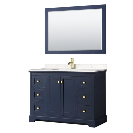 Avery 48 Inch Single Bathroom Vanity in Dark Blue, Carrara Cultured Marble Countertop, Undermount Square Sink, 46 Inch Mirror