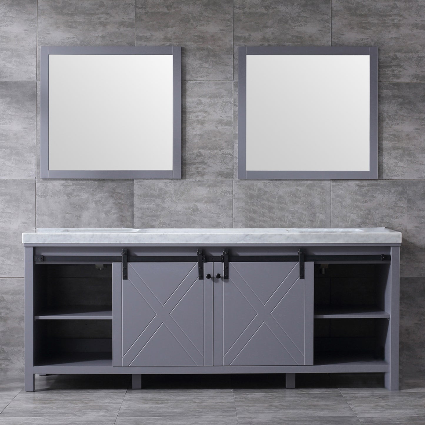 Marsyas 84" Dark Grey Double Vanity, White Carrara Marble Top, White Square Sinks and 34" Mirrors