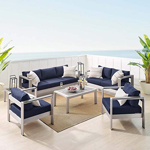 Modway EEI-4322-SLV-NAV-SET Shore Aluminum Sunbrella Fabric 7-Piece Outdoor Patio Set, Silver Navy