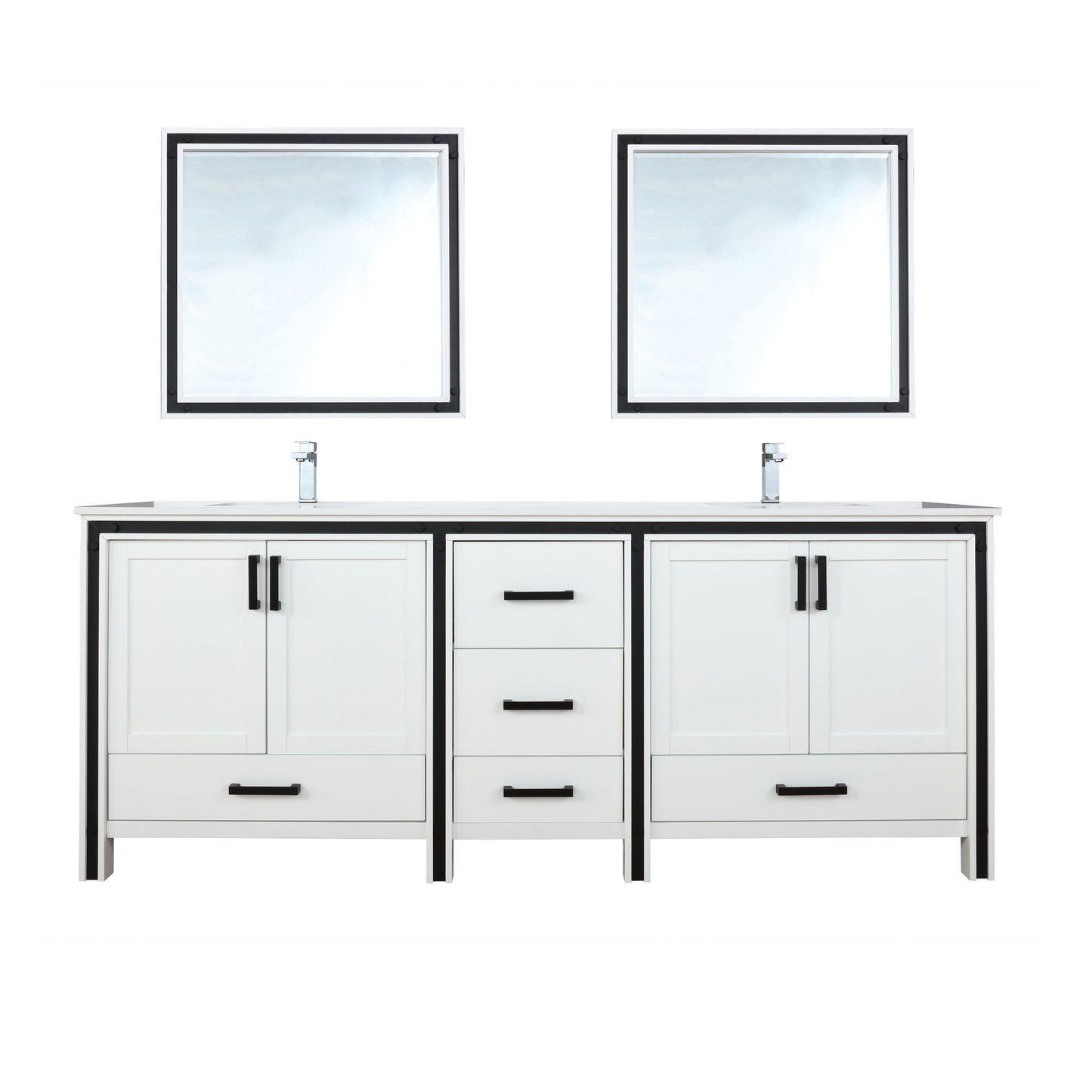 Ziva 84" White Double Vanity, Cultured Marble Top, White Square Sink and 34" Mirrors w/ Faucet