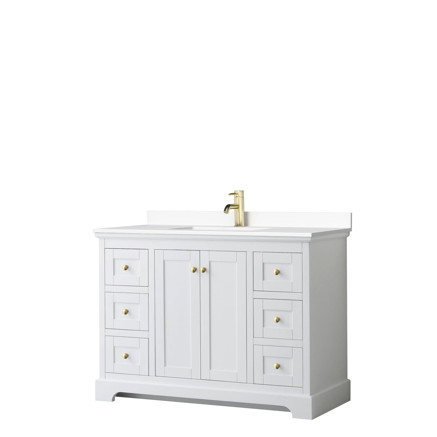 Avery 48 Inch Single Bathroom Vanity in White, White Cultured Marble Countertop, Undermount Square Sink, Brushed Gold Trim