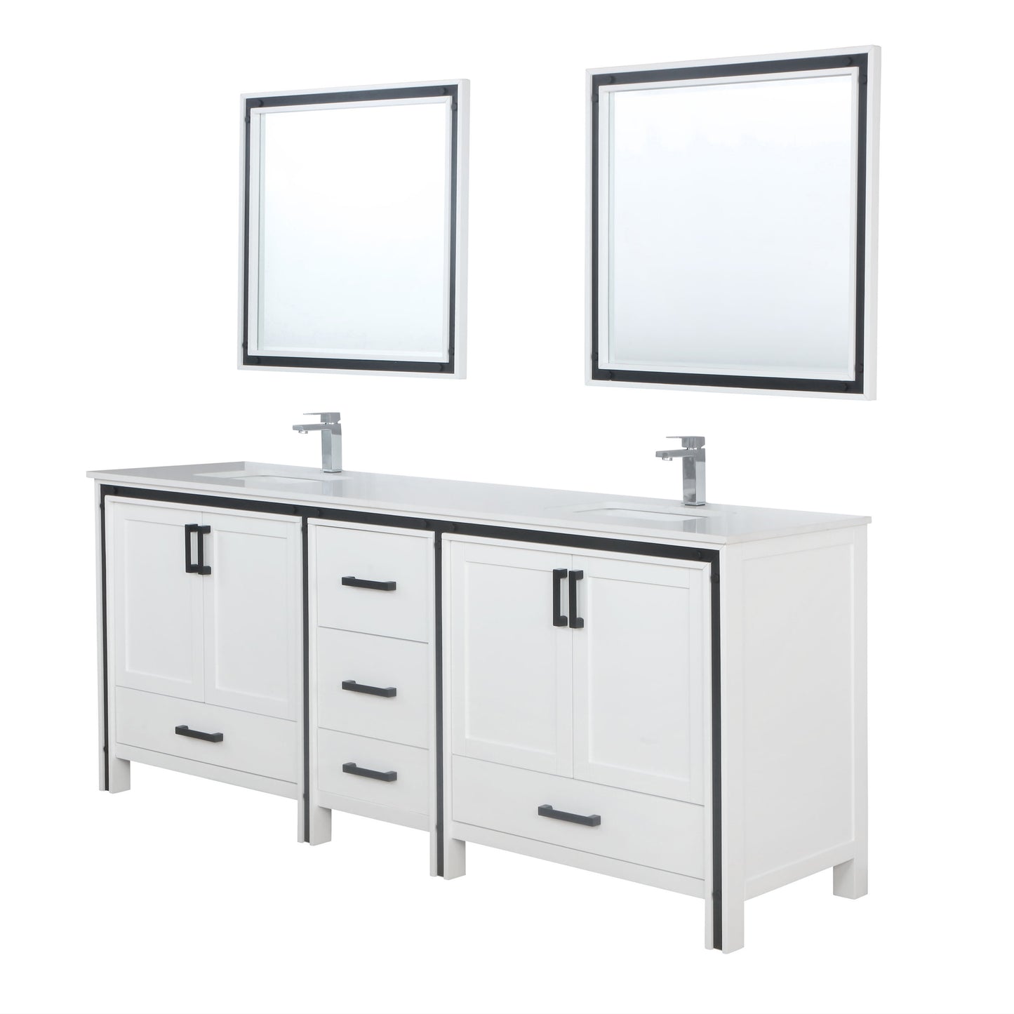 Ziva 84" White Double Vanity, Cultured Marble Top, White Square Sink and 34" Mirrors w/ Faucet