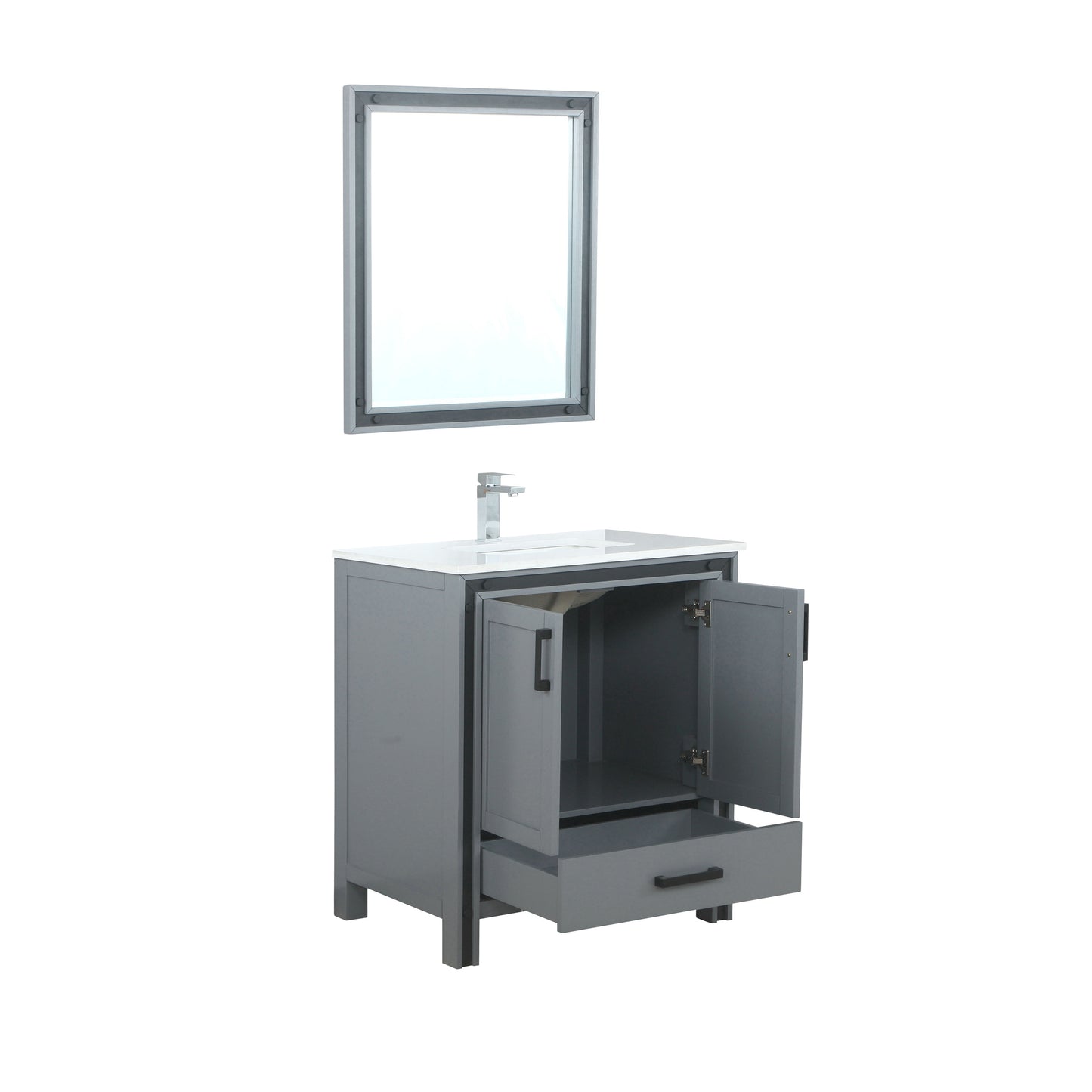 Ziva 30" Dark Grey Single Vanity, Cultured Marble Top, White Square Sink and 28" Mirror w/ Faucet