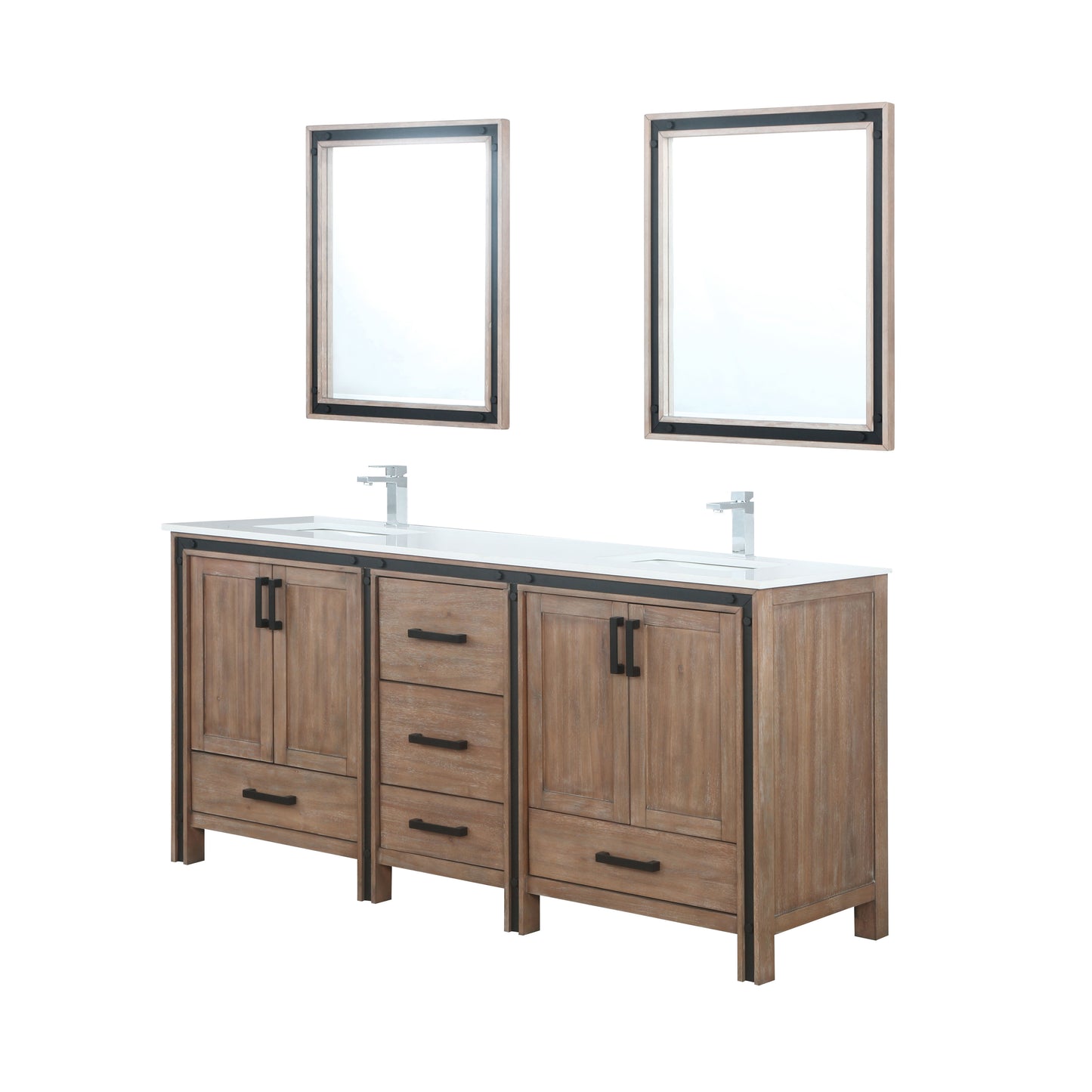 Ziva 72" Rustic Barnwood Double Vanity, Cultured Marble Top, White Square Sink and 30" Mirrors w/ Faucet