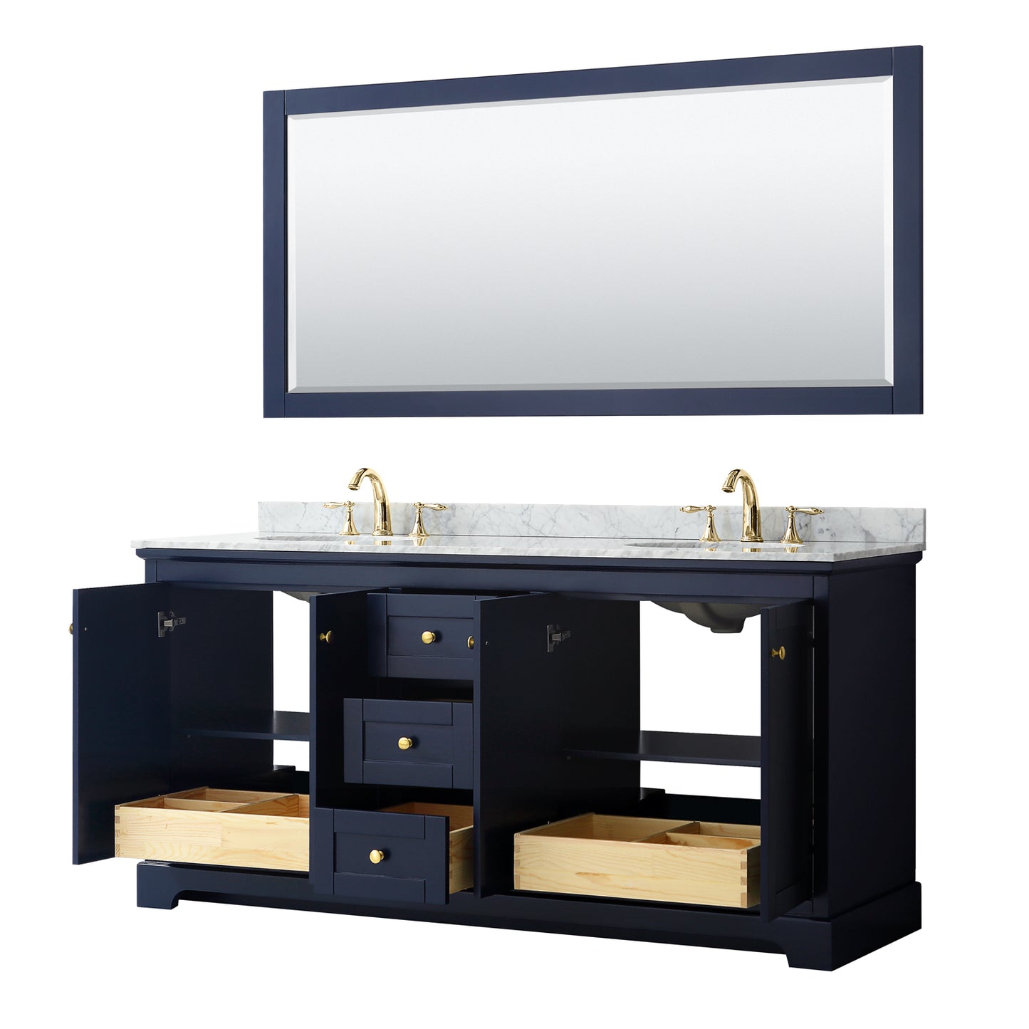 Avery 72 Inch Double Bathroom Vanity in Dark Blue, White Carrara Marble Countertop, Undermount Oval Sinks, and 70 Inch Mirror