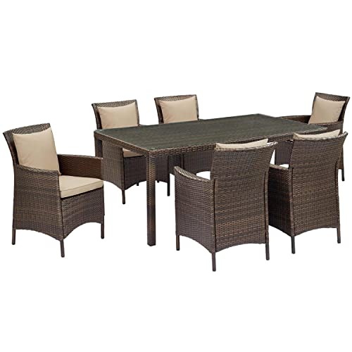 Modway Conduit 7-Piece Modern Rattan Outdoor Dining Set in Brown/Beige