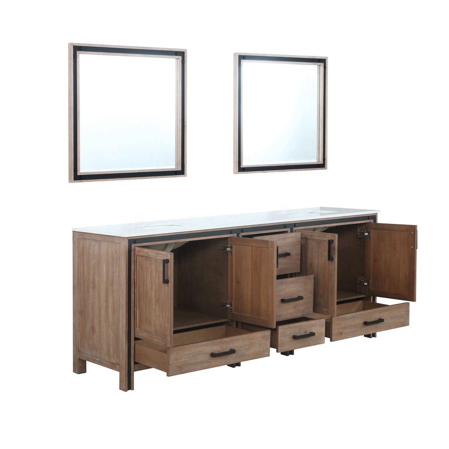 Ziva 84" Rustic Barnwood Double Vanity, Cultured Marble Top, White Square Sink and 34" Mirrors