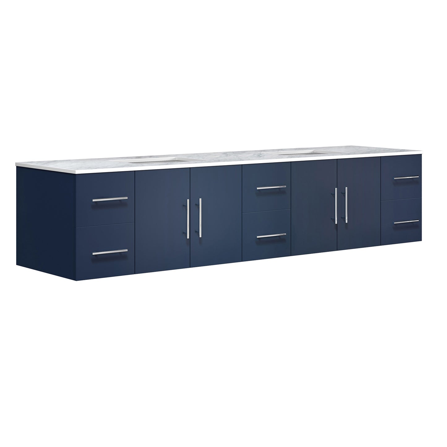 Geneva 84" Navy Blue Double Vanity, White Carrara Marble Top, White Square Sinks and no Mirror