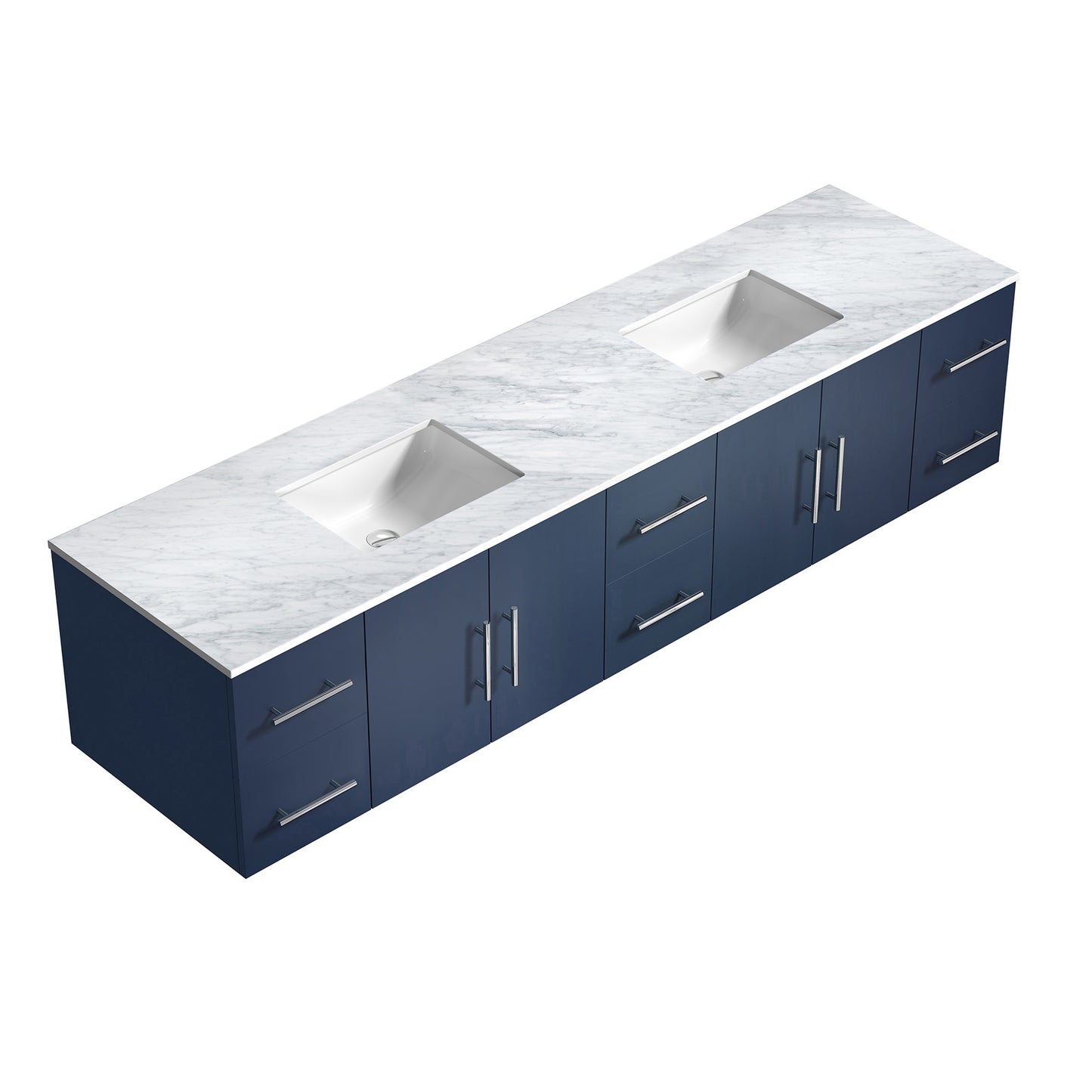 Geneva 84" Navy Blue Double Vanity, White Carrara Marble Top, White Square Sinks and no Mirror