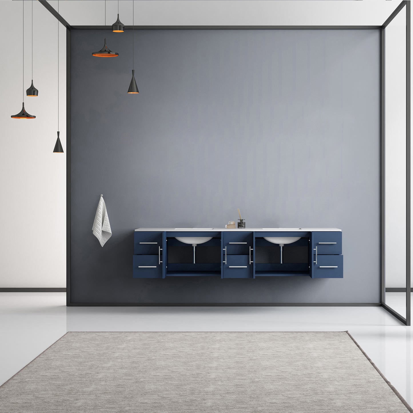 Geneva 84" Navy Blue Double Vanity, White Carrara Marble Top, White Square Sinks and no Mirror