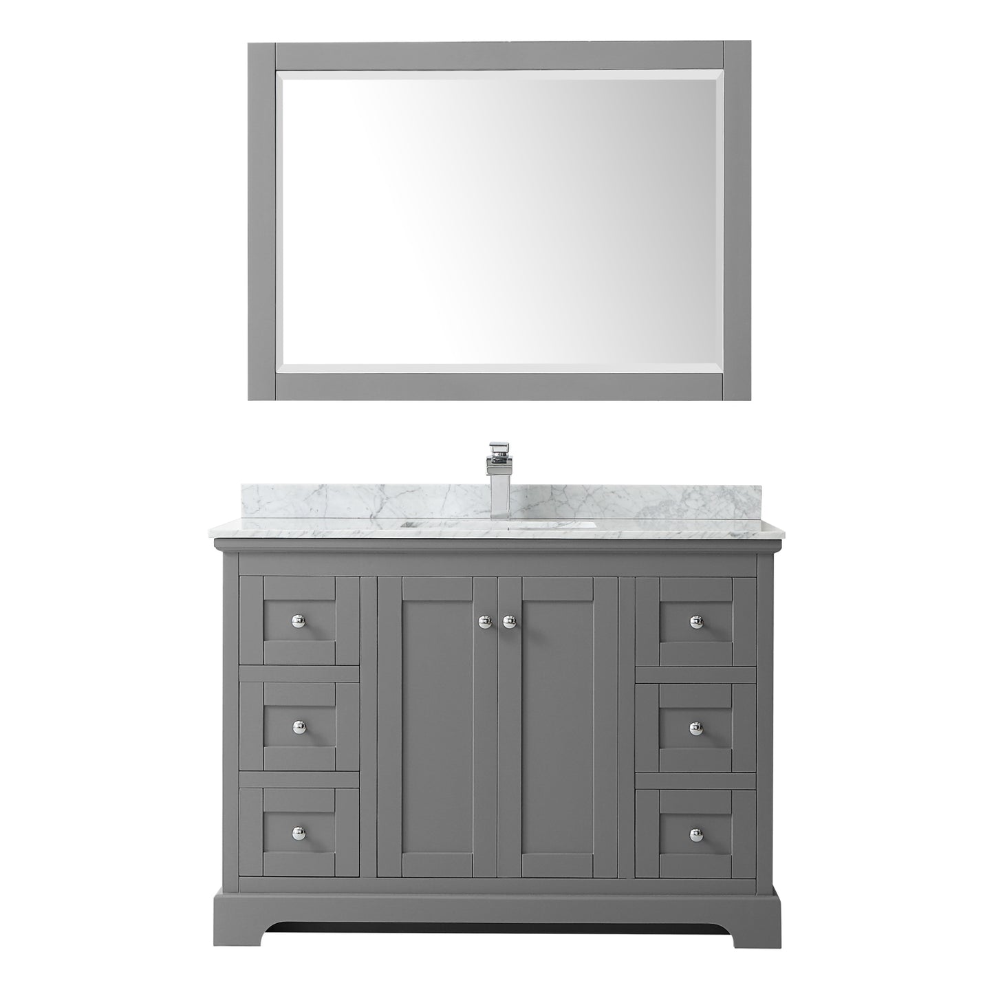 Avery 48 Inch Single Bathroom Vanity in Dark Gray, White Carrara Marble Countertop, Undermount Square Sink, and 46 Inch Mirror