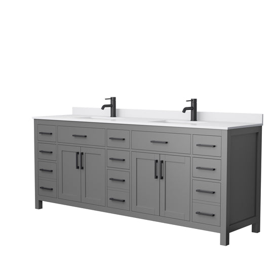 Beckett 84 Inch Double Bathroom Vanity in Dark Gray, White Cultured Marble Countertop, Undermount Square Sinks, Matte Black Trim