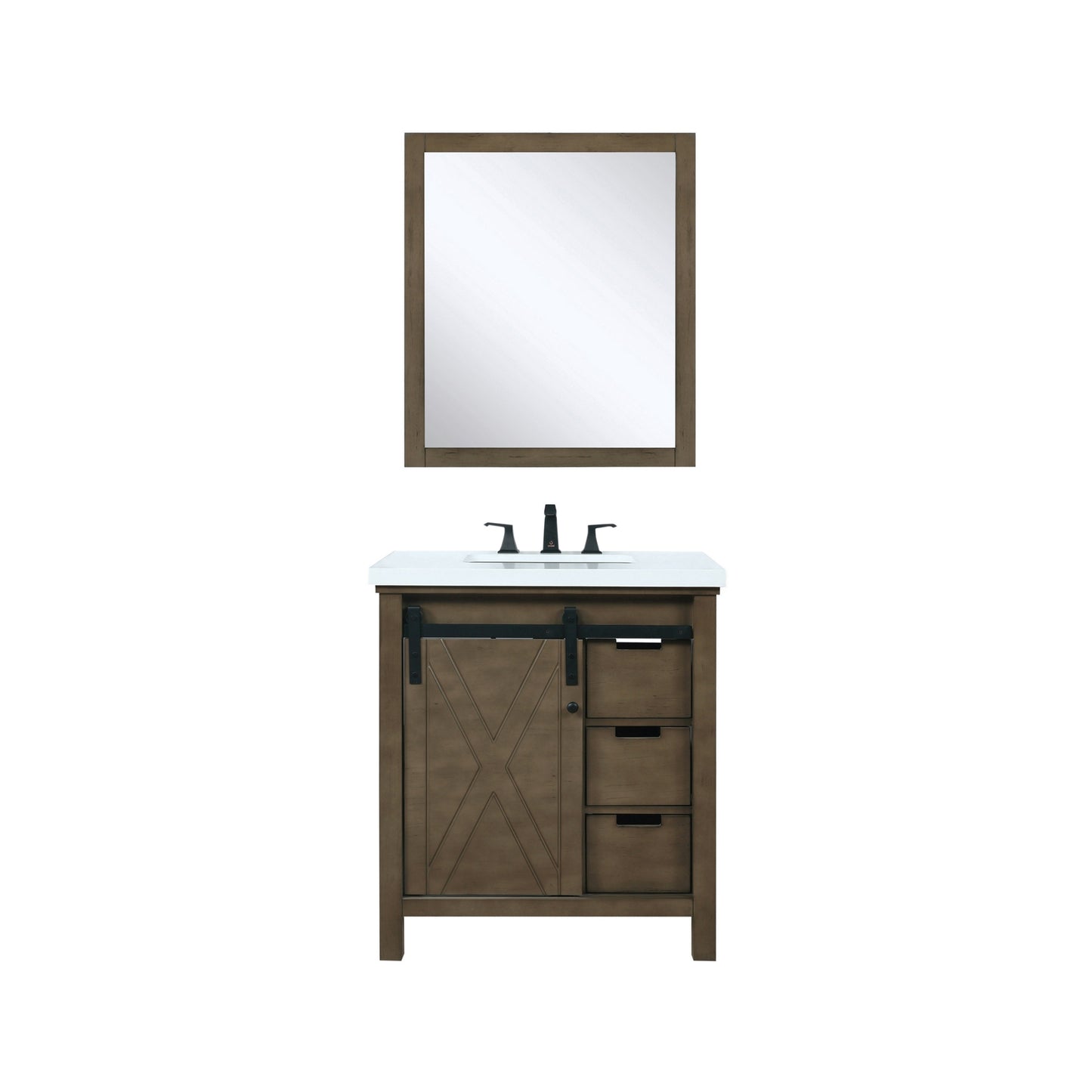 Marsyas 30" Rustic Brown Single Vanity, White Quartz Top, White Square Sink and 28" Mirror w/ Faucet
