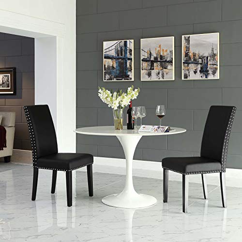 Modway Parcel Modern Upholstered Vinyl Parsons Dining Chair with Polished Nailhead Trim and Wood Legs in Black