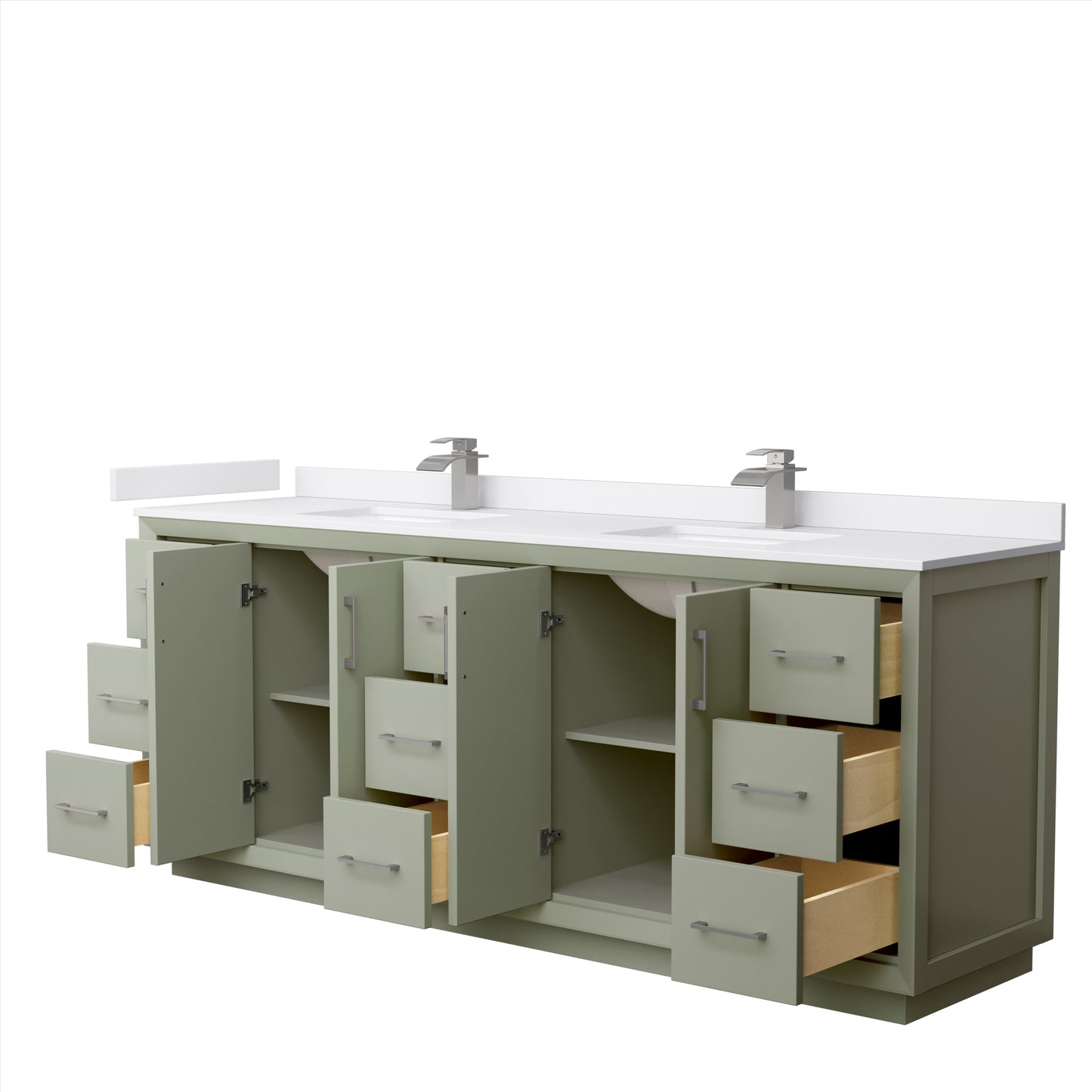 Strada 84 Inch Double Bathroom Vanity in Light Green, White Cultured Marble Countertop, Undermount Square Sinks, Brushed Nickel Trim