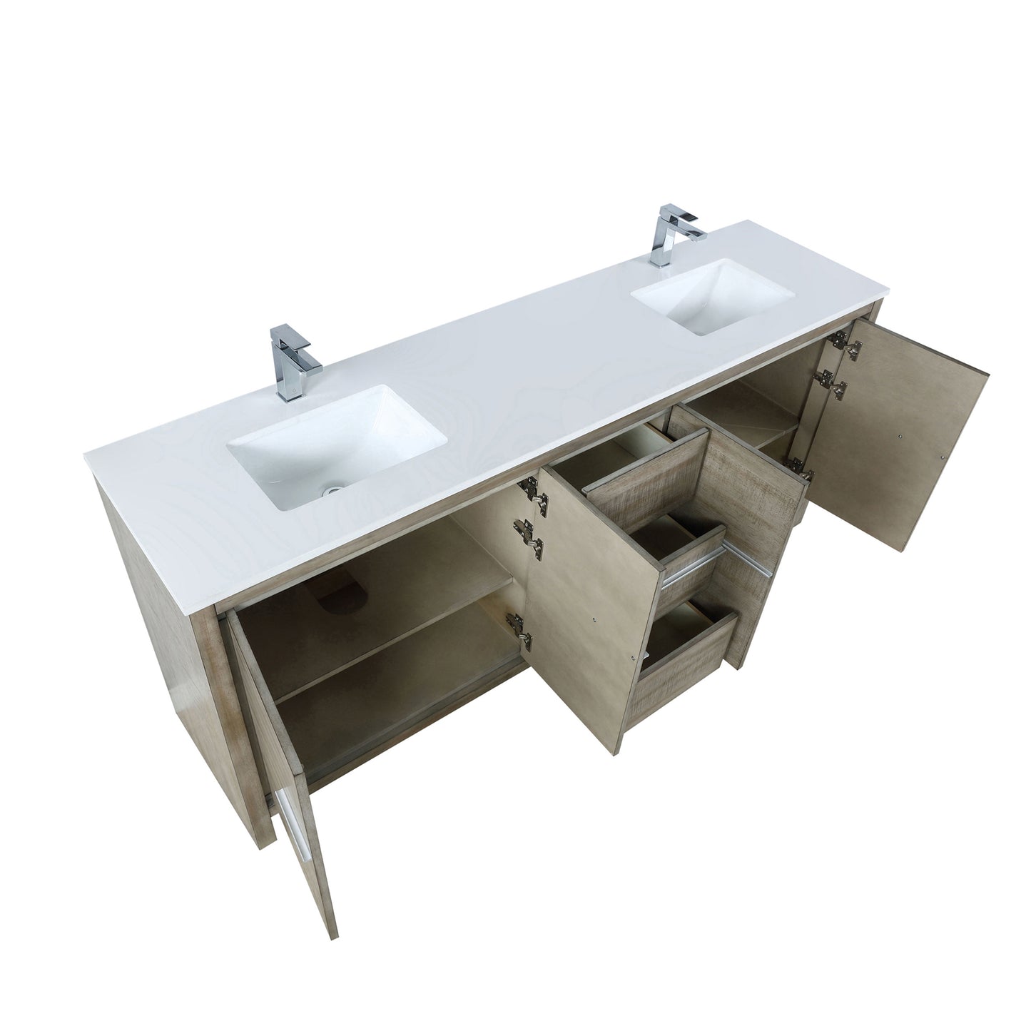 Lafarre 80" Rustic Acacia Double Bathroom Vanity, White Quartz Top, White Square Sinks, and Labaro Brushed Nickel Faucet Set