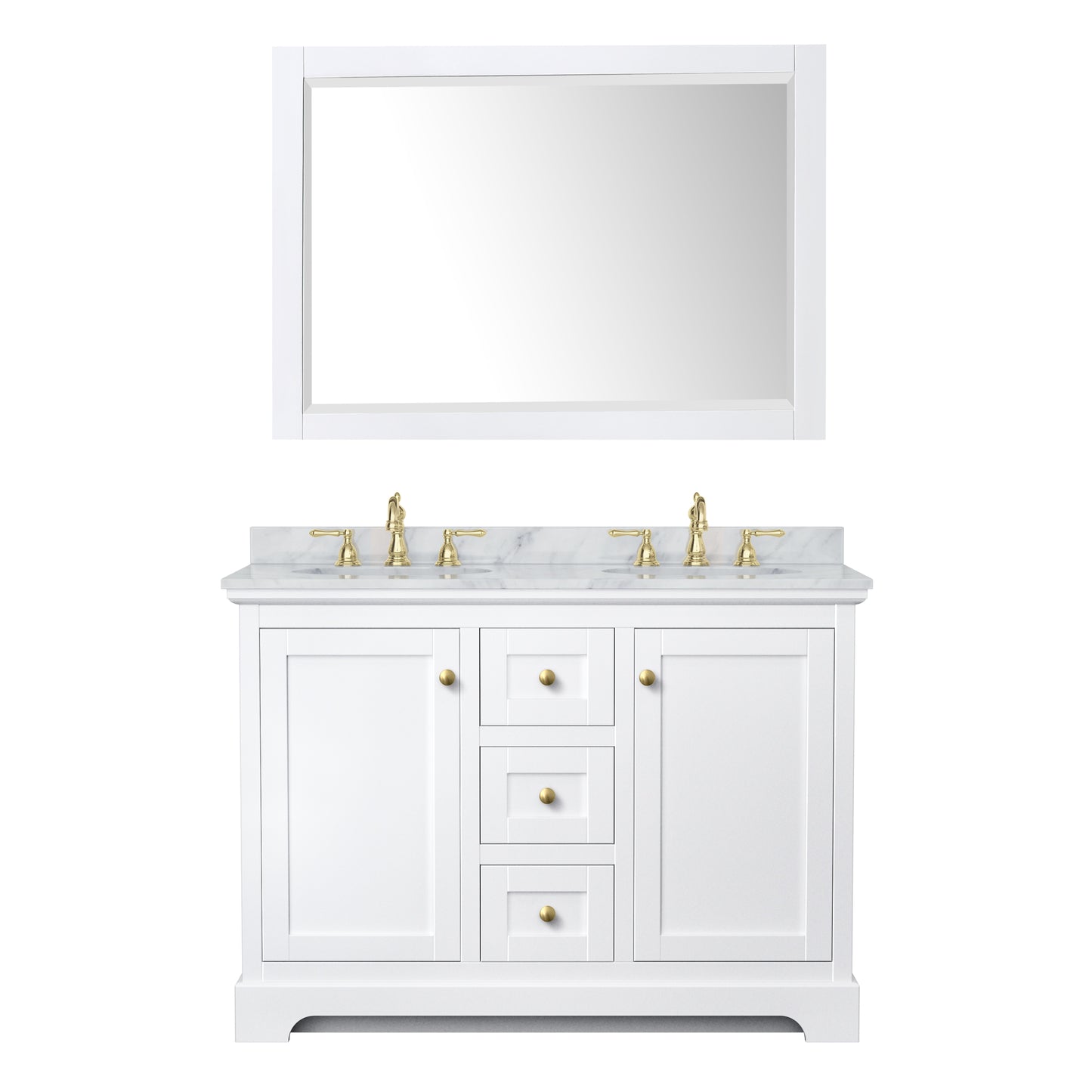 Avery 48 Inch Double Bathroom Vanity in White, White Carrara Marble Countertop, Undermount Oval Sinks, 46 Inch Mirror, Brushed Gold Trim
