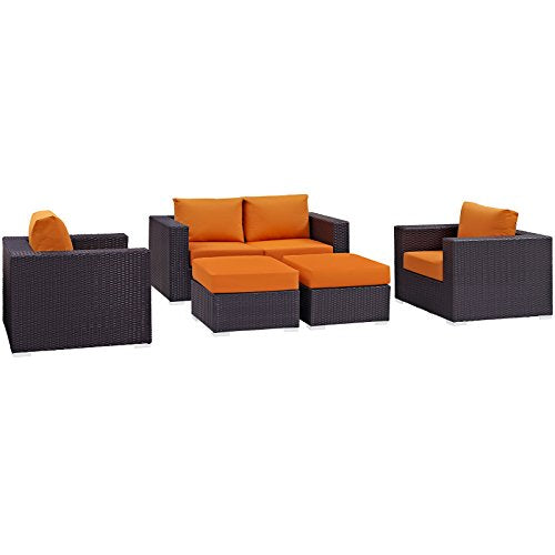 Modway Convene Wicker Rattan 5-Piece Outdoor Patio Furniture Set with Cushions in Espresso Orange