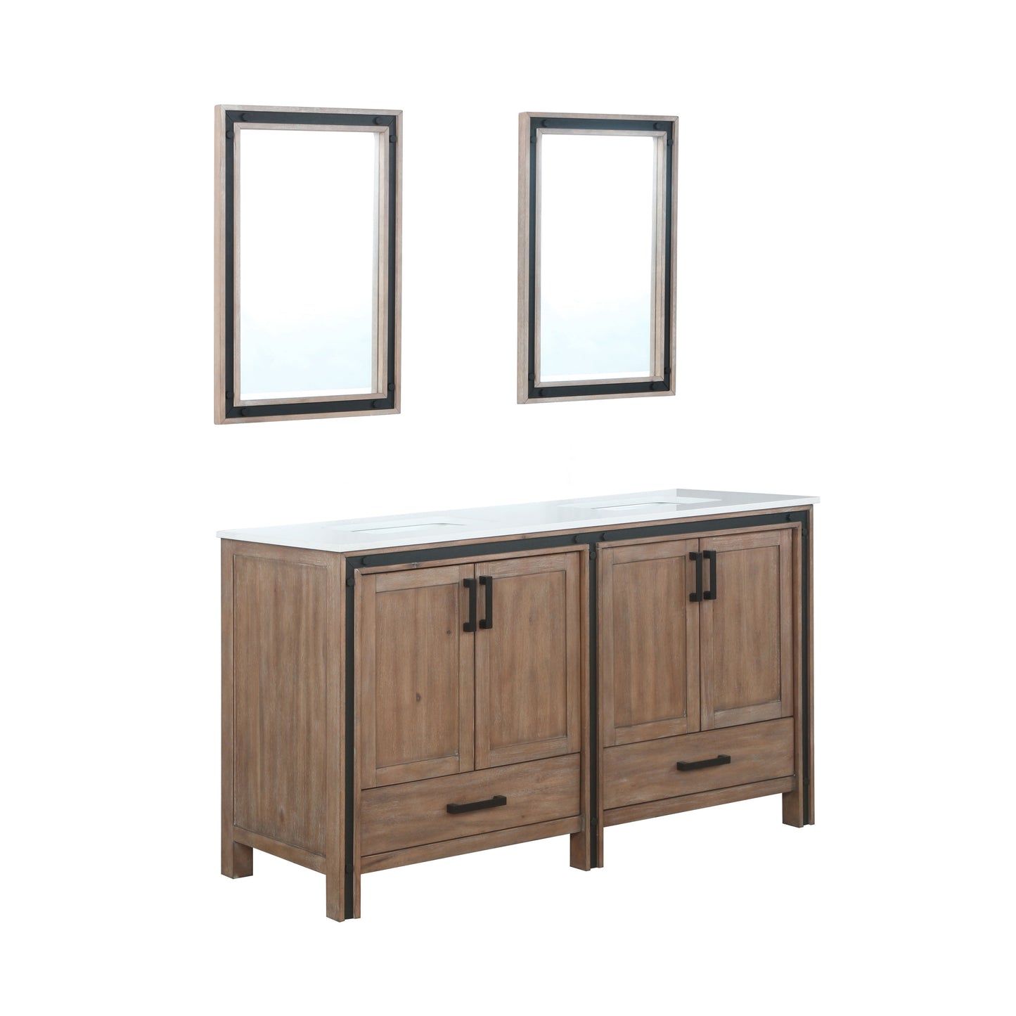 Ziva 60" Rustic Barnwood Double Vanity, Cultured Marble Top, White Square Sink and 22" Mirrors