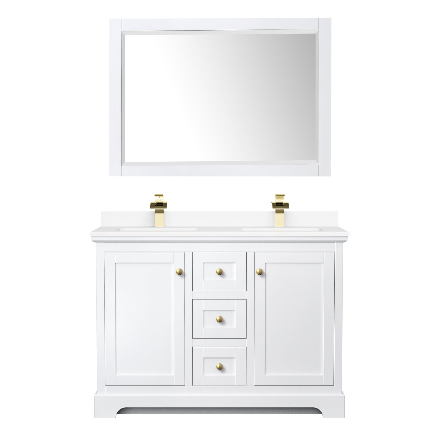 Avery 48 Inch Double Bathroom Vanity in White, White Cultured Marble Countertop, Undermount Square Sinks, 46 Inch Mirror, Brushed Gold Trim