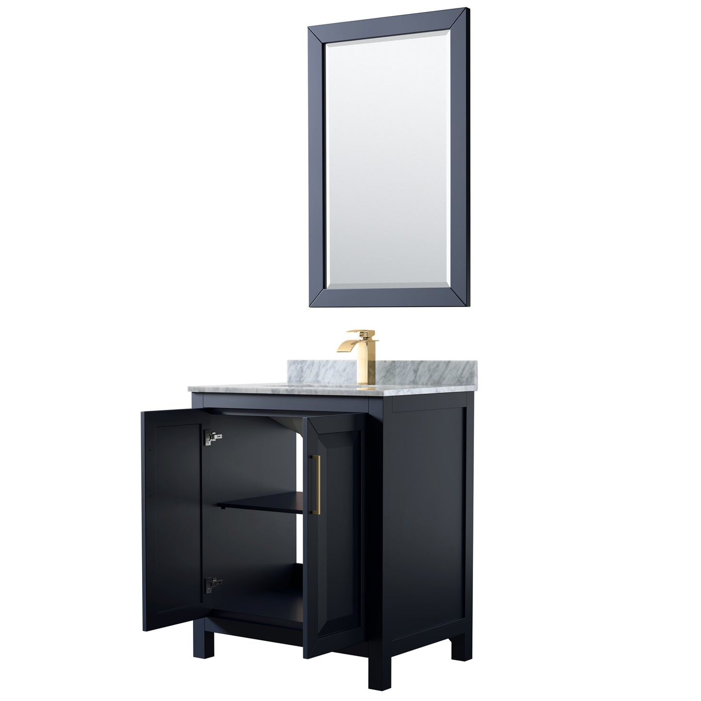 Daria 30 Inch Single Bathroom Vanity in Dark Blue, White Carrara Marble Countertop, Undermount Square Sink, 24 Inch Mirror