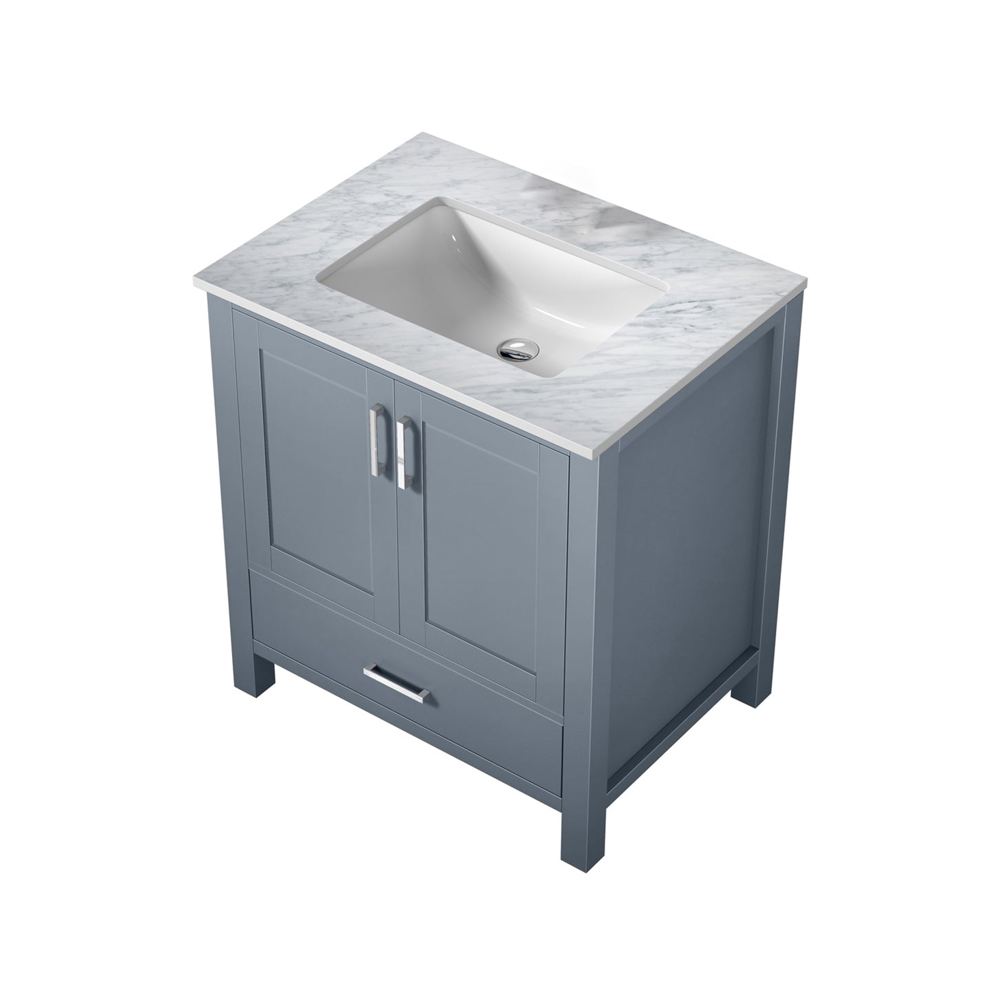 Jacques 30" Dark Grey Single Vanity, White Carrara Marble Top, White Square Sink and no Mirror