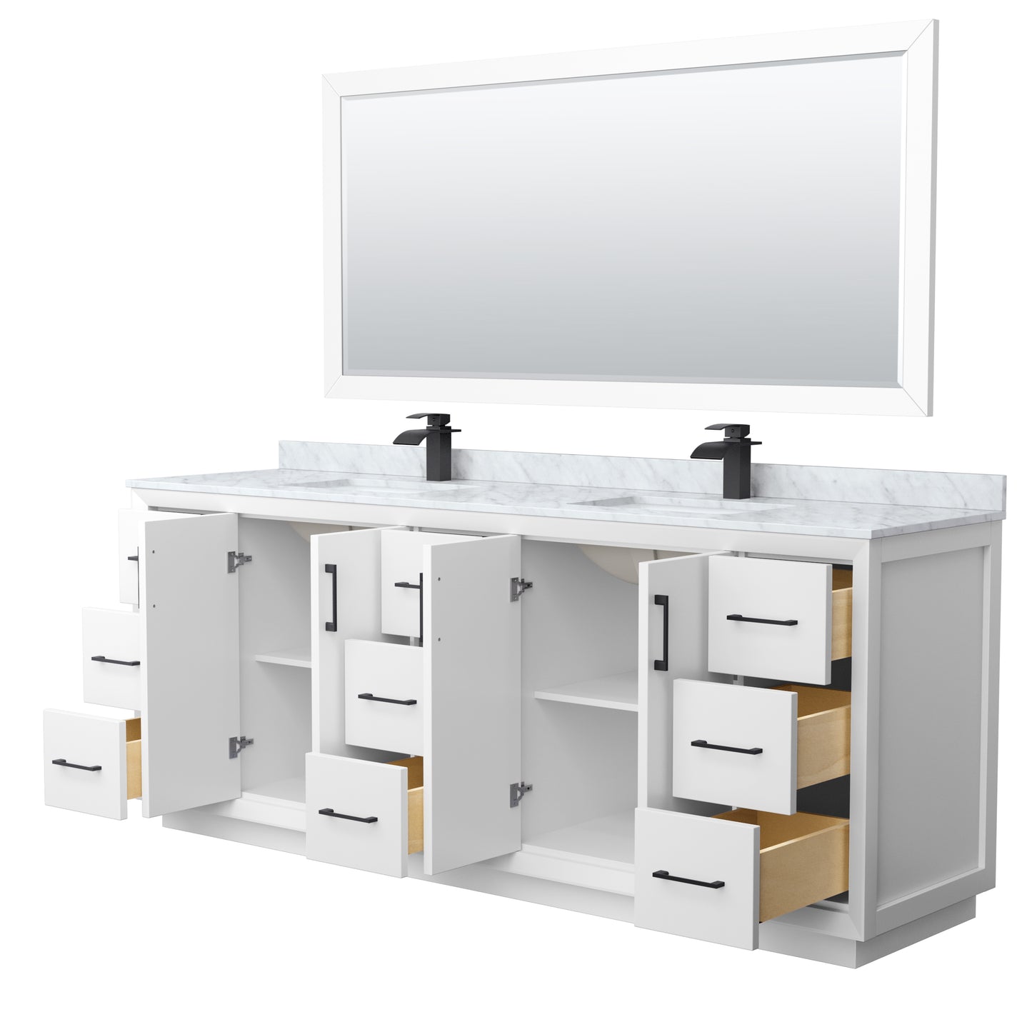 Strada 84 Inch Double Bathroom Vanity in White, White Carrara Marble Countertop, Undermount Square Sink, Matte Black Trim, 70 Inch Mirror