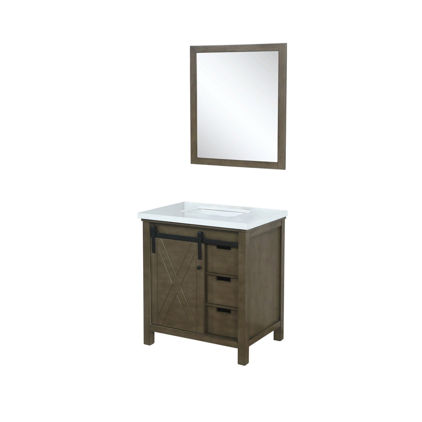 Marsyas 30" Rustic Brown Single Vanity, White Quartz Top, White Square Sink and 28" Mirror