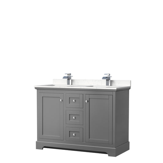 Avery 48 Inch Double Bathroom Vanity in Dark Gray, Carrara Cultured Marble Countertop, Undermount Square Sinks, No Mirror