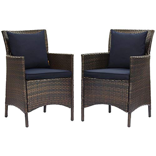 Modway EEI-4030-BRN-NAV Conduit Outdoor Patio Wicker Rattan Dining Armchair Set of 2, Brown Navy