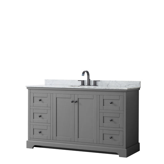 Avery 60 Inch Single Bathroom Vanity in Dark Gray, White Carrara Marble Countertop, Undermount Oval Sink, Matte Black Trim