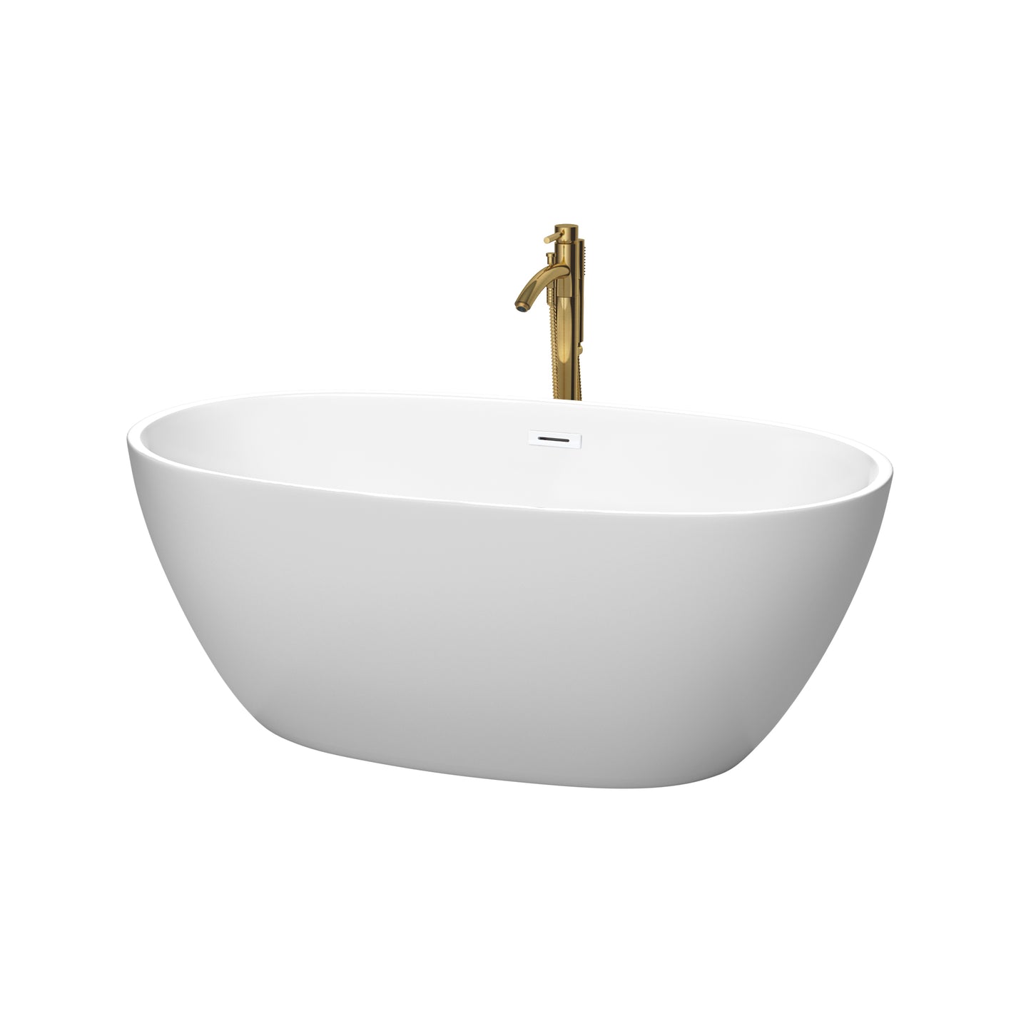 Juno 59 Inch Freestanding Bathtub in Matte White with Shiny White Trim and Floor Mounted Faucet in Brushed Gold