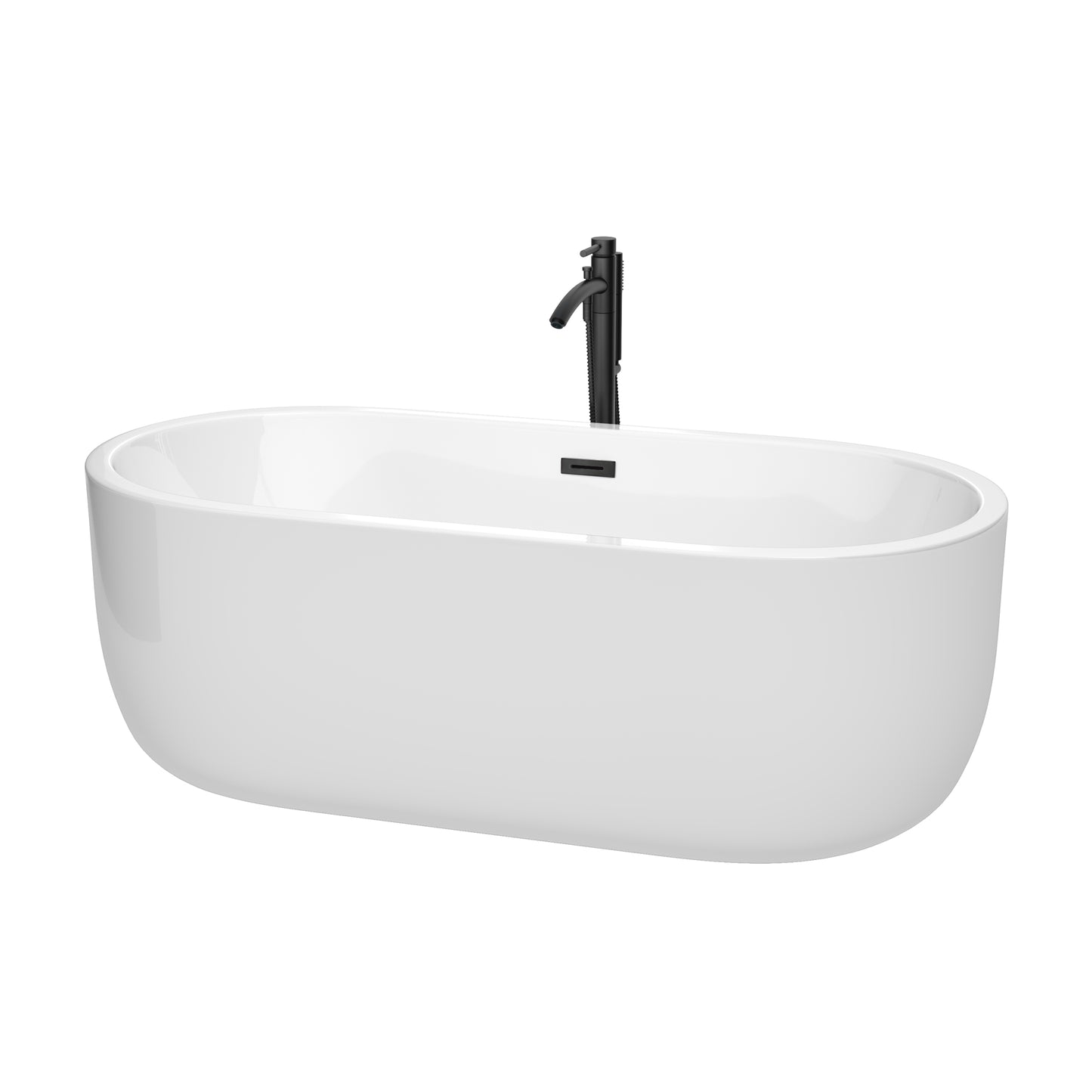 Juliette 67 Inch Freestanding Bathtub in White with Floor Mounted Faucet, Drain and Overflow Trim in Matte Black