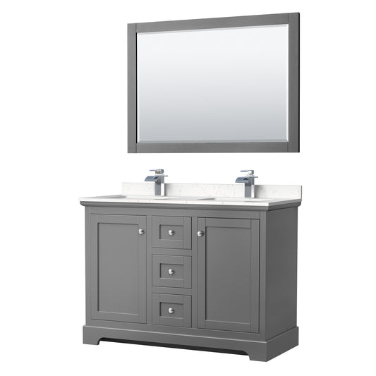 Avery 48 Inch Double Bathroom Vanity in Dark Gray, Carrara Cultured Marble Countertop, Undermount Square Sinks, 46 Inch Mirror