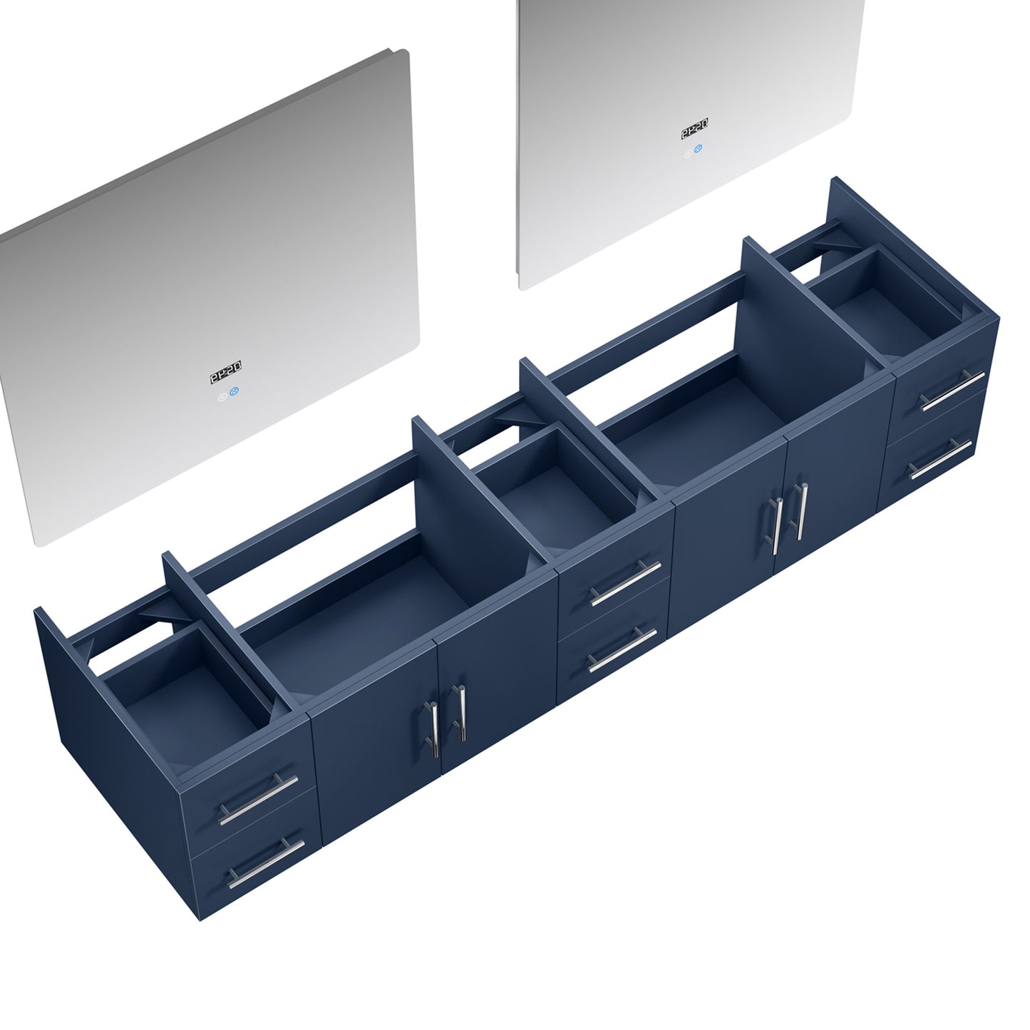 Geneva 84" Navy Blue Double Vanity, no Top and 36" LED Mirrors