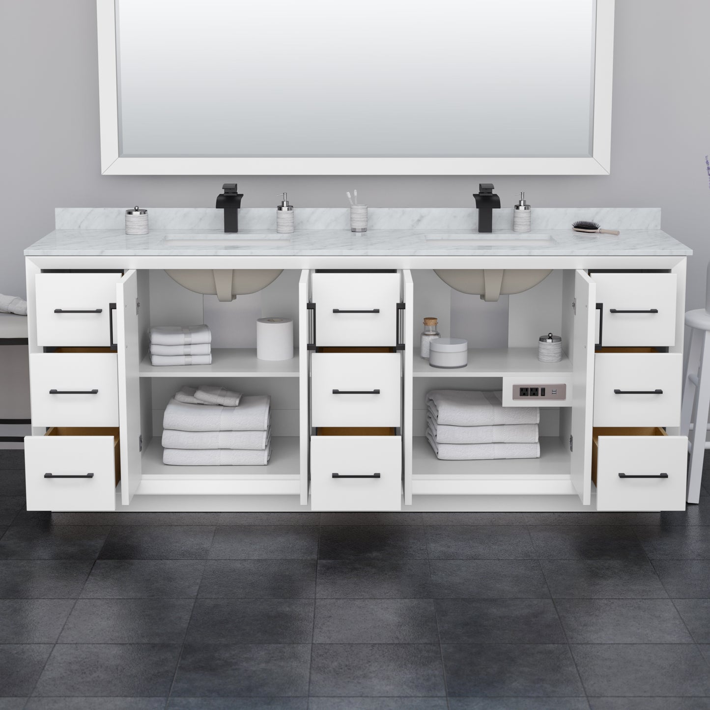 Strada 84 Inch Double Bathroom Vanity in White, White Cultured Marble Countertop, Undermount Square Sink, Brushed Nickel Trim, 70 Inch Mirror