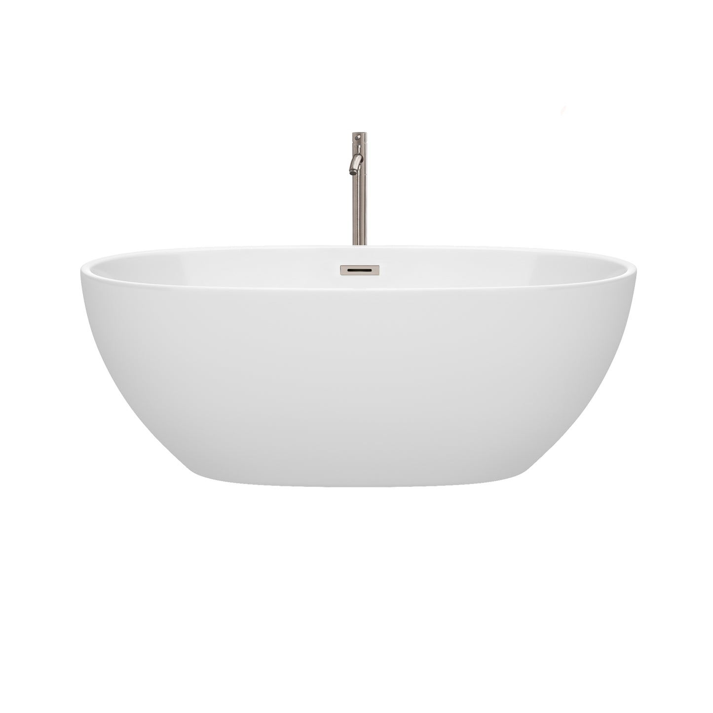 Juno 63 Inch Freestanding Bathtub in White with Floor Mounted Faucet, Drain and Overflow Trim in Brushed Nickel