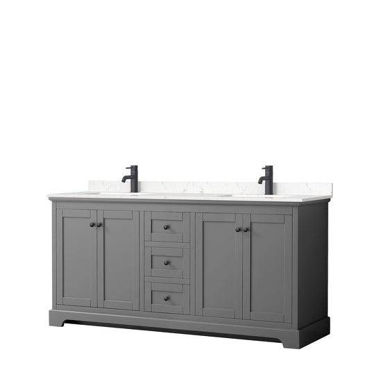 Avery 72 Inch Double Bathroom Vanity in Dark Gray, Carrara Cultured Marble Countertop, Undermount Square Sinks, Matte Black Trim