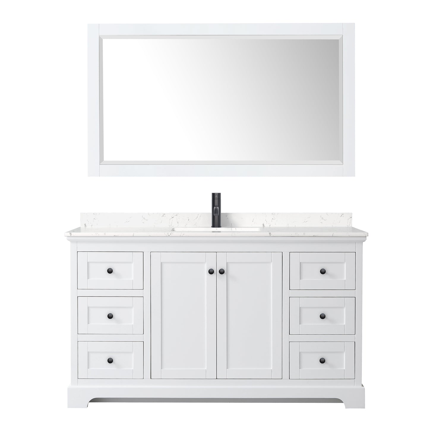 Avery 60 Inch Single Bathroom Vanity in White, Carrara Cultured Marble Countertop, Undermount Square Sink, Matte Black Trim, 58 Inch Mirror