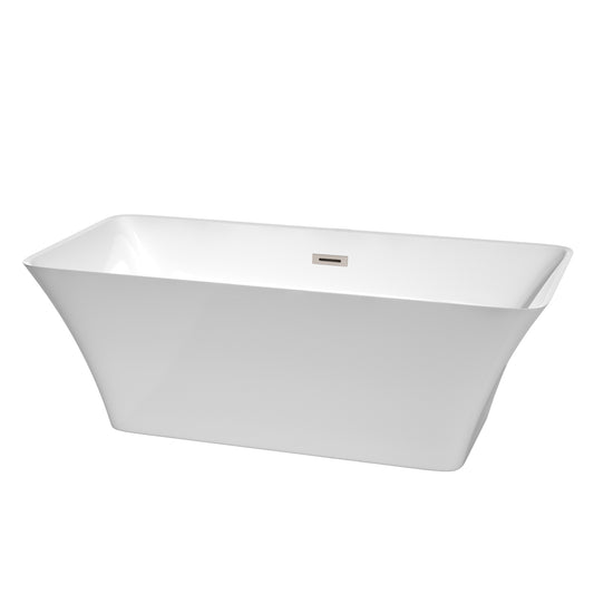 Tiffany 67 Inch Freestanding Bathtub in White with Brushed Nickel Drain and Overflow Trim