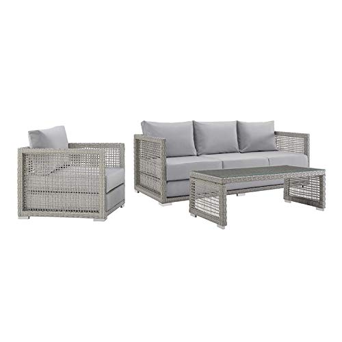 Modway Aura Outdoor Patio Wicker Rattan Sofa, Armchair and Coffee Table in Gray Gray
