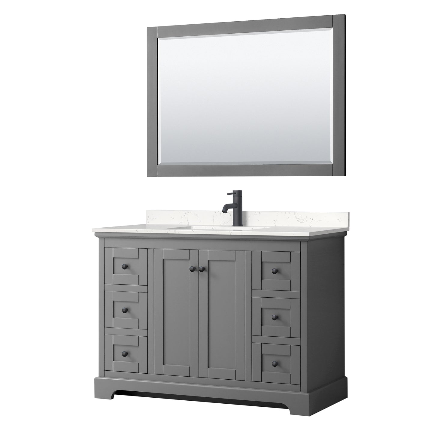 Avery 48 Inch Single Bathroom Vanity in Dark Gray, Carrara Cultured Marble Countertop, Undermount Square Sink, Matte Black Trim, 46 Inch Mirror