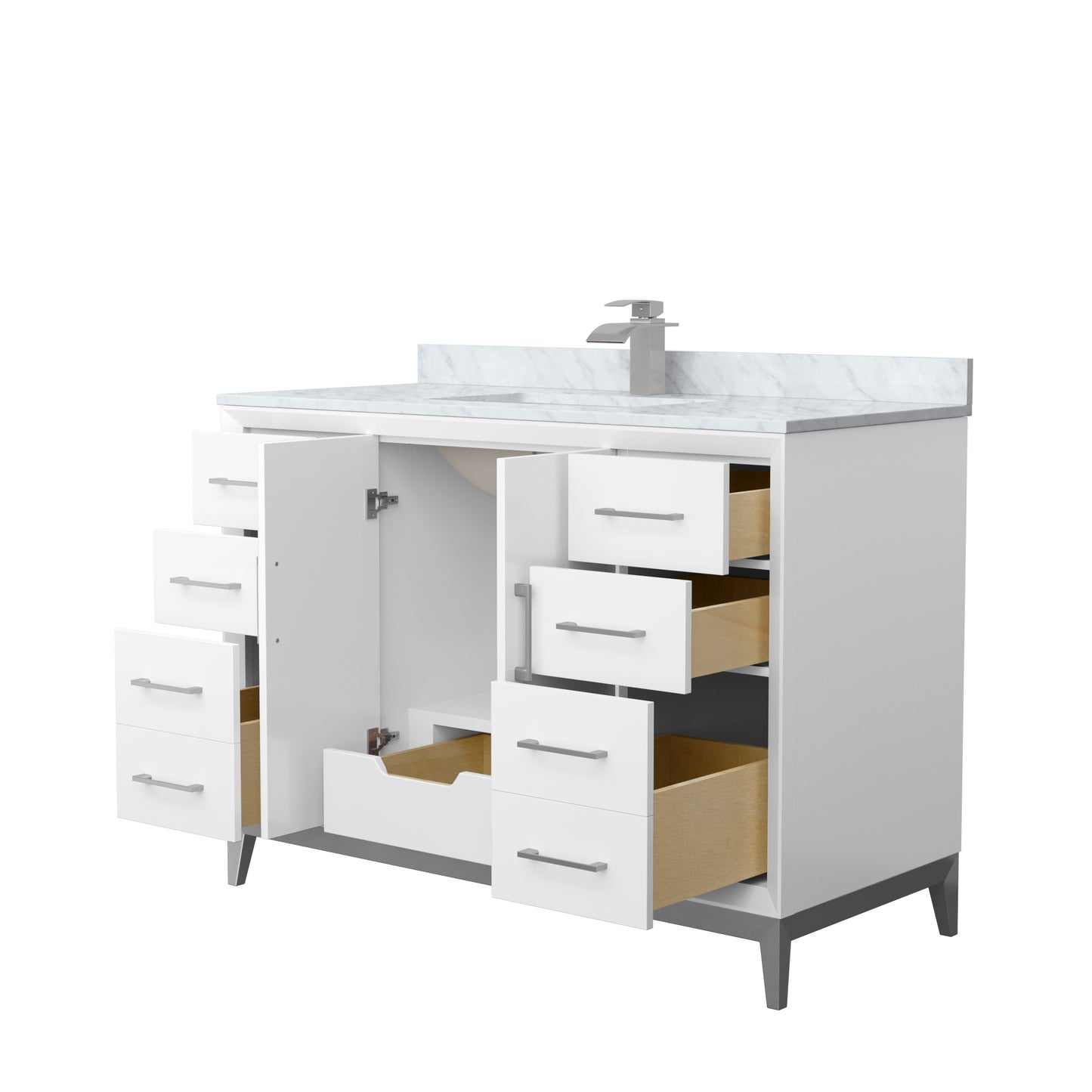 Amici 48 Inch Single Bathroom Vanity in White, White Carrara Marble Countertop, Undermount Square Sink, Brushed Nickel Trim