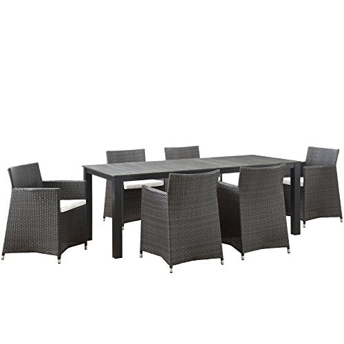 Modway Junction Wicker Rattan 7-Piece Outdoor Patio Dining Set with 80" Dining Table and Six Dining Armchairs with Cushions in Brown White