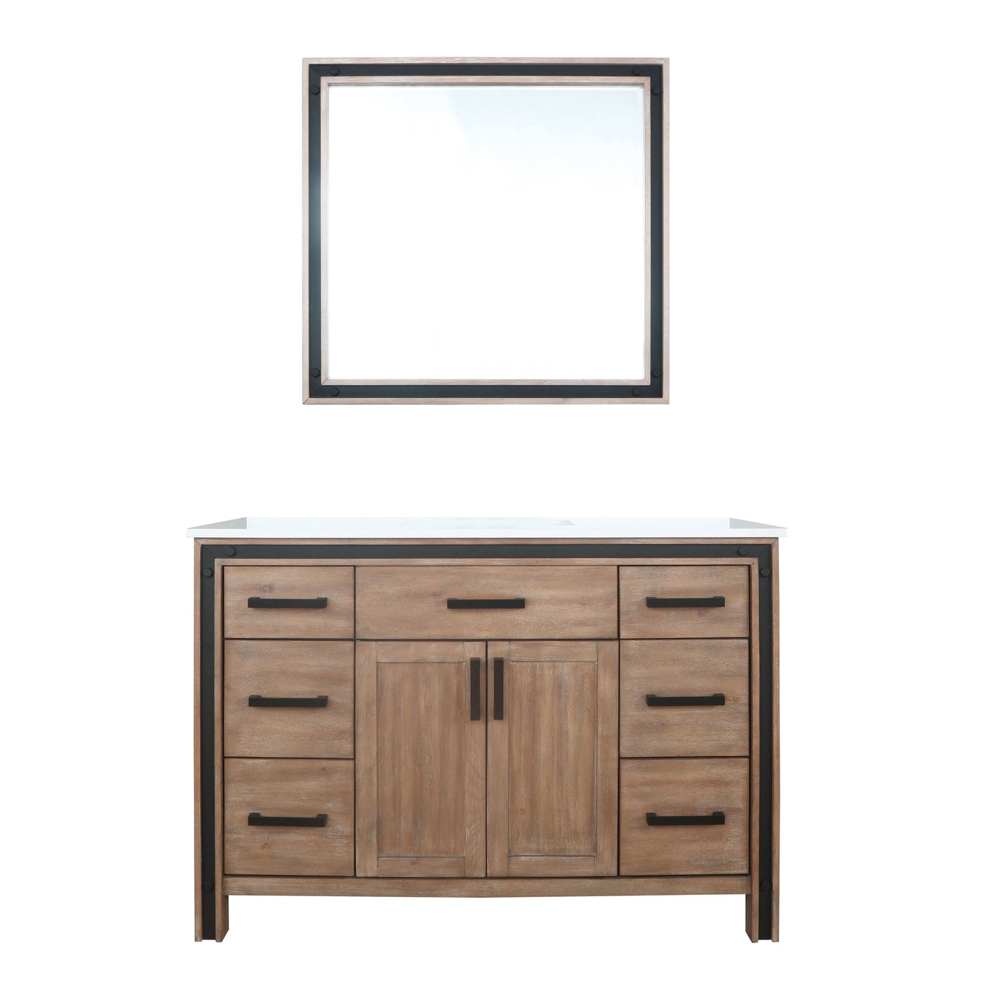 Ziva 48" Rustic Barnwood Single Vanity, Cultured Marble Top, White Square Sink and 34" Mirror