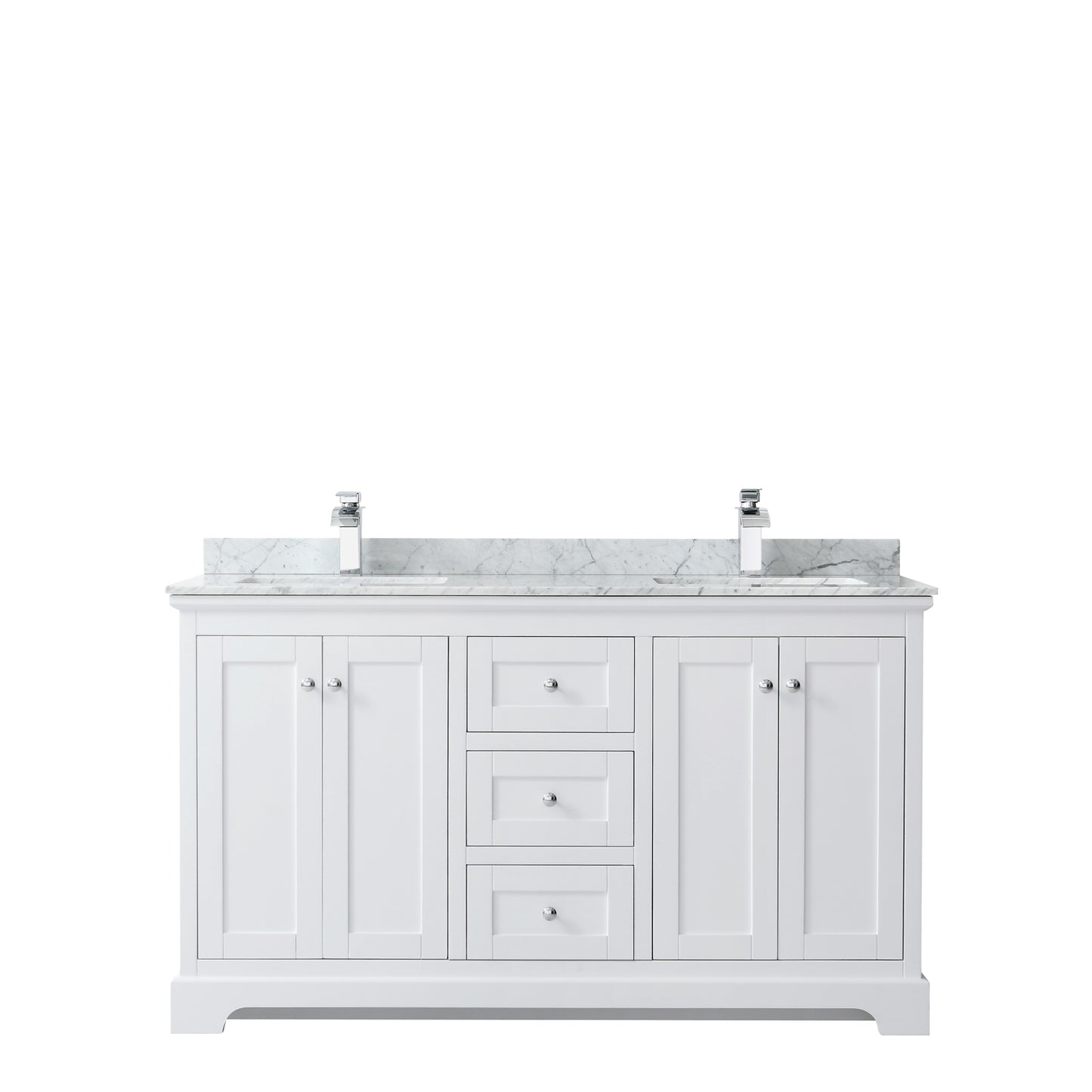 Avery 60 Inch Double Bathroom Vanity in White, White Carrara Marble Countertop, Undermount Square Sinks, and No Mirror