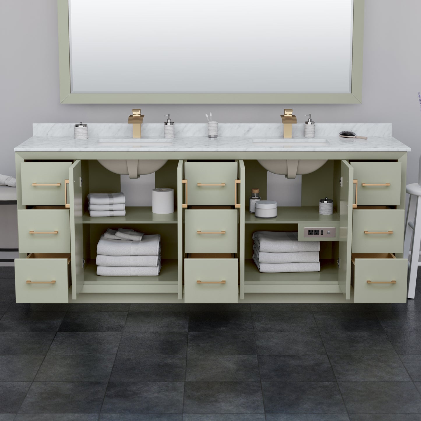 Strada 84 Inch Double Bathroom Vanity in Light Green, White Cultured Marble Countertop, Undermount Square Sinks, Brushed Nickel Trim