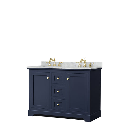 Avery 48 Inch Double Bathroom Vanity in Dark Blue, White Carrara Marble Countertop, Undermount Oval Sinks, No Mirror
