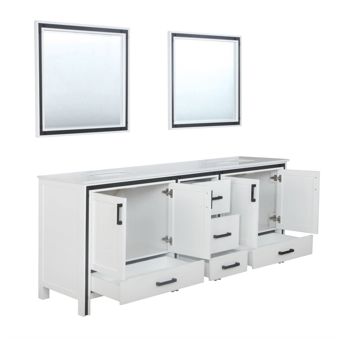 Ziva 84" White Double Vanity, Cultured Marble Top, White Square Sink and 34" Mirrors